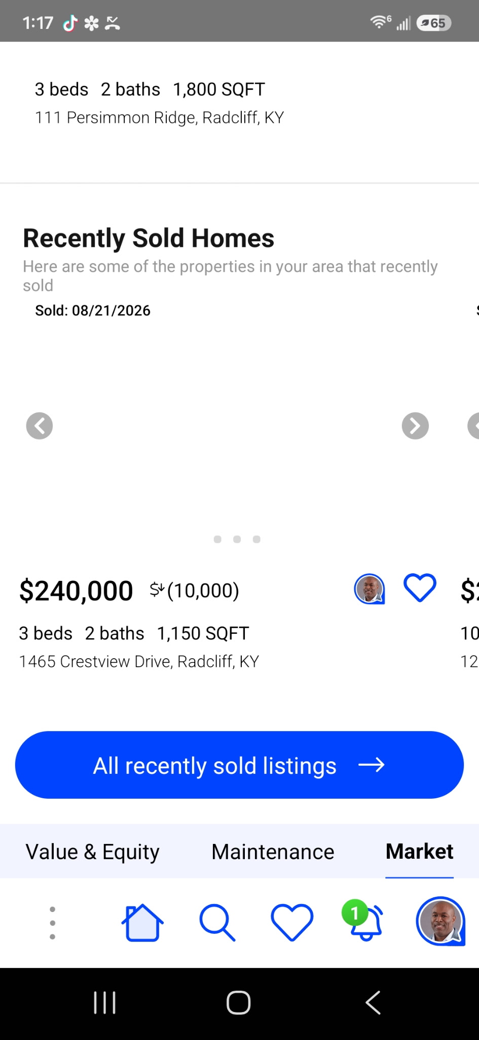 Recently sold nearby screen in the Home View app