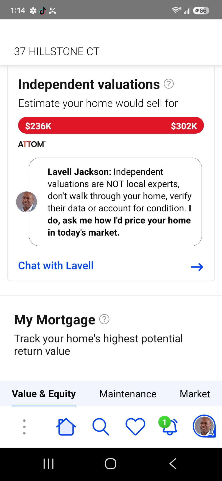 Independent valuations screen in the Home View app