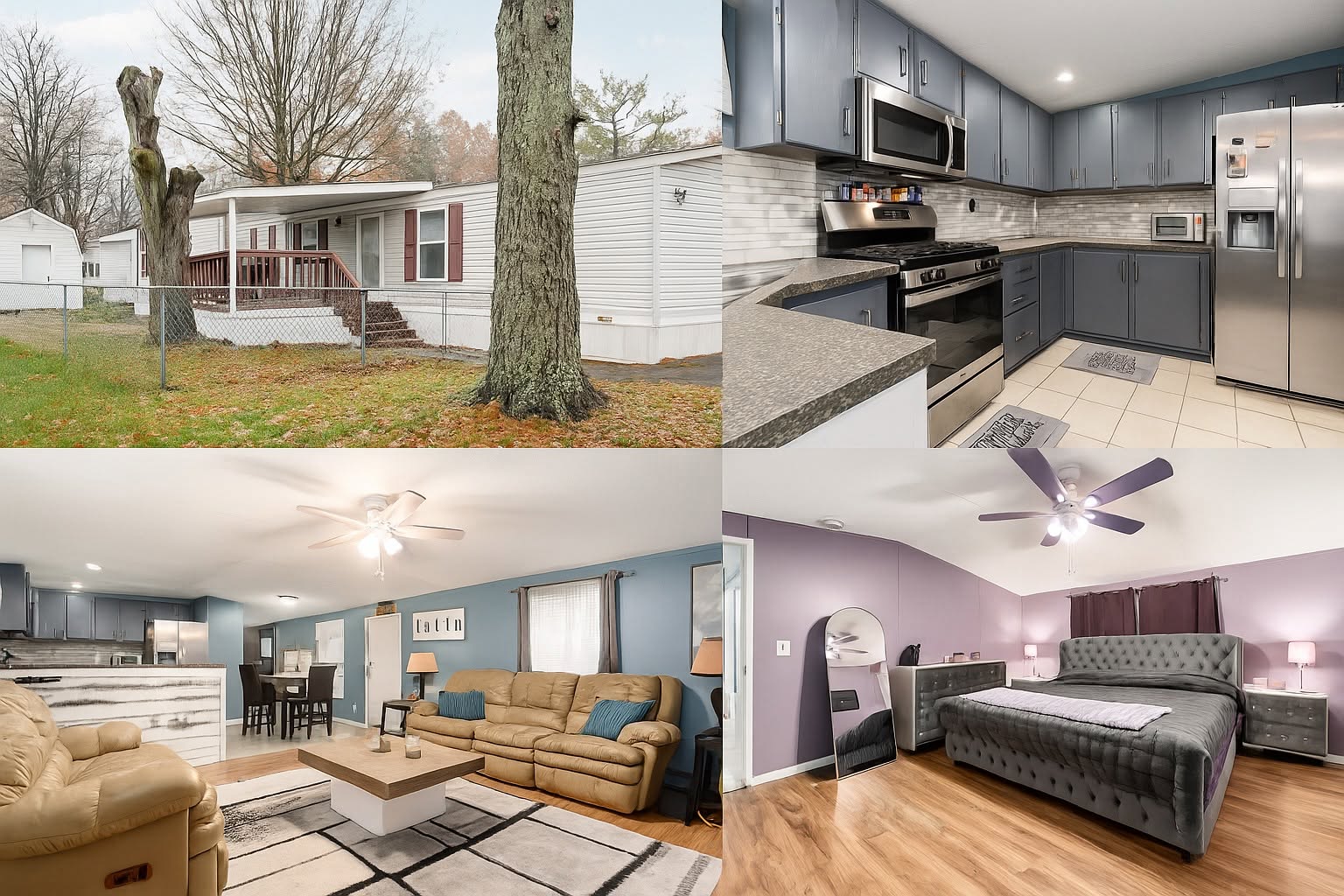 Four photos of a white mobile home with a deck, updated kitchen, living room, and bedroom.