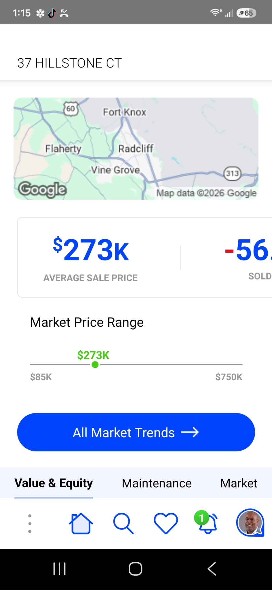 Market price range screen in the Home View app