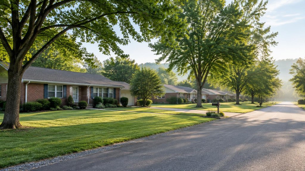 Quiet tree-lined residential street with brick ranch homes near Fort Knox, Kentucky